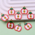 Miniature red apple alloy charm with white flesh and green leaf for DIY jewelry making - Style 42