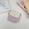 Quilted floral gingham pouch with pink button closure and side woven label detail - Beige Purple Flower