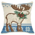 Linen Christmas pillow cover with reindeer, pine cones and blue Nordic snowflake border - Blue Elk