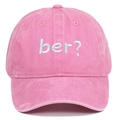Detailed front view of pink washed cotton baseball cap with blue 'ber?' embroidery - Pink