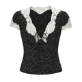 Vintage Oberteil mit schwarzen Punkten, weißer Spitze und Schleife auf Weiß - S / Schwarzer Polka Dot