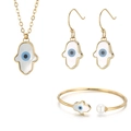Golden Evil Eye jewelry set with necklace, drop earrings and pearl open bangle - Hamsa Hand 3-Piece Set Gold Color (KS192834-GC)
