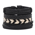 Multilayer vintage leather bracelets set in black and beige woven cord style - HTK002-C Black White Simple Braided