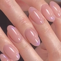 Oval press-on nails with pink jelly base and purple aurora glitter french tips - Translucent Pink Light Purple French Glitter Style (JP2329)