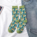 Blue Lolita mid-calf socks with retro TV illustration and green accents on white sheet - One Size / Green/Fun Appliance