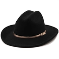 Chapeau fedora en laine noir classique avec large bord et boucle en métal doré - M(56-58cm) / Noir