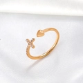 Rose gold adjustable ring featuring a polished heart and a cross with sparkling zirconia - Rose Gold Heart Cross (1339)