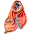 Elegant plaid scarf with stripes in orange, pink, and blue with fringe tassels - 180cm / Orange