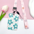 Blue floral student ID card holder with pink flower lanyard and bracelet keychain - Pink Flower Lanyard / Green Pink