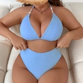 Dettaglio bikini a coste azzurro con eleganti perline di perle sul cinturino halter - 0XL / Blu