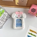 Detail of white plush card holder with pink bow and 6.4x8.9cm transparent window - Dog / White