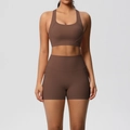 Women's dark brown two-piece yoga set featuring sports bra and high-waisted shorts - Chestnut Brown