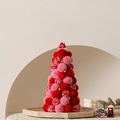 Árbol de Navidad artesanal de pompones rojos y rosas con detalles de cuentas doradas - 30cm / Tema Rojo - Pequeño (Con Luces)