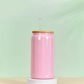 Rosa glitzerndes Sublimationsglas in Dosenform mit Bambusdeckel und Strohhalm - 16OZ Einschichtig Regenbogenlack - Rosa