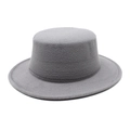 Detail of light grey wool felt flat top boater hat with smooth brim and vintage texture - M (56-58cm) / Gray