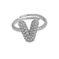 Adjustable silver ring with balloon style letter V featuring clear pave zircon accents - Adjustable Open / Silver-V