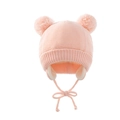 Pink knit baby beanie with cute double pom poms and ear flaps with braided ties - Hat / Light Pink