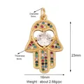 Hamsa Hand pendant with colorful zircons in gold-plated brass, 23mm size for jewelry DIY - M599355-rainbow / Colorful