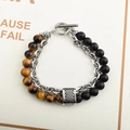 Men's double-layer tiger eye stone bracelet with silver metal chain and T-bar clasp - Stainless Steel Yellow Tiger Eye Faceted Chain (21cm)