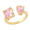 Detail of 18K gold bypass ring featuring pink princess and pear cut cubic zirconia - Adjustable Open / Pink
