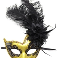 Maschera per carnevale con piume nere, glitter dorati e decorazione floreale laterale - Oro Nero