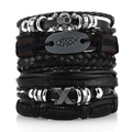 Heren meerlaagse zwarte lederen armband set met schedel en visgraat metalen bedeltjes - Schedel/Visgraat/X-vorm / Zwart