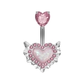 Close-up of pink heart opal belly button ring with zircon wings in polished silver - Short Style