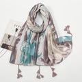 Artistic linen-blend floral scarf in lake green and grey purple with bohemian fringe - Green Purple Artistic Floral Style (XB997-02)