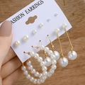 Five-piece vintage gold earrings set with assorted white pearls and hoop dangles - E104/Pearl Style / Gold/White