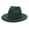 Detail of dark green wool fedora hat featuring a black leather band with gold ring buckle - M (56-58cm) / Dark Green