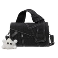 Black denim crossbody bag with contrast stitching and cloud plush charm detail - Black