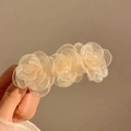 Hair claw clip featuring three beige mesh fabric flowers for elegant hairstyles - 185 Mesh Camellia Spring Clip - Champagne