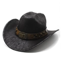 Retro black faux suede western cowboy hat with cracked texture and bull head buckle - M(56-59CM) / Black (Texture)