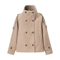 Dames camel jas van imitatiewol met dubbele knopenrij, opstaande kraag en schouderbanden - S / Khaki