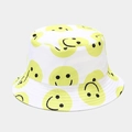 White canvas bucket hat with yellow smiley face patterns for sun protection and street style - M(56-58cm) / White