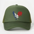 Dettaglio del cappellino trucker verde militare con stampa gallo tricolore e rete posteriore - Taglia unica / Verde Militare