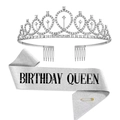 Detailset aus funkelnder silberner Strasskrone und Birthday Queen Schärpe mit Nadel - Birthday Queen Set / Silber