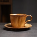 Japanese retro ceramic coffee cup and saucer set with caramel vertical ribbed texture - 250-medium-vertical Striped Roll Cup + Saucer (brown) 300ml / Universal