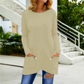 Close-up of casual long sleeve t-shirt with functional side pockets in beige khaki color - S / Tops / Yellow