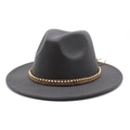 Detail of dark grey wool fedora hat featuring a brown woven leather band and gold bead chain - Dark Gray