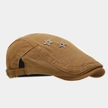 Detailed side view of a retro brown cotton flat cap featuring two sparkling star accents - Camel
