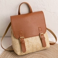 Chic woven straw lady backpack in beige with brown faux leather trim and golden buckles - Brown