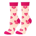 Pink heart patterned cotton socks for women with contrasting toe and heel accents - Wingless Hearts