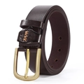 Dark brown leather belt with gold metal pin buckle and elegant cross-stitch detailing - Style 4 (Striped Gold Buckle) / Coffee