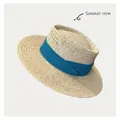 Beige wide brim straw hat with lake blue ribbon trim for summer beach vacation - 55-58cm Adjustable / Beige with Lake Blue Ribbon