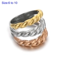 Three-tone twisted rope ring in gold, silver, and rose gold finishes, sizes 6 to 10 - Tri-color Twisted Woven Ring (KR110086-LK)