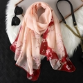 Pink and dark red gradient chiffon scarf with plum blossom print and satin finish - Pink Red Gradient Plum