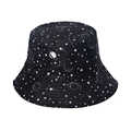 Black bucket hat with white star and planet space print shown in a flat lay view - Starry Space Exploration Style(F)