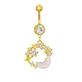 Goldener Bauchnabelpiercing mit Mondanhänger und schimmernden Opal-Strasssteinen - Opal Mond & Stern