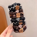 Elastic hair ties set in black and brown with cute heart and smiley face charms - 20 Pcs Box Pack / 3# Black & Coffee